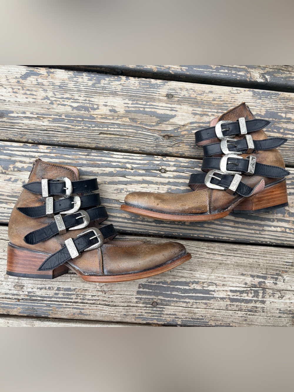 Freebird Scar Brown Leather Multi Buckle Booties Size 9